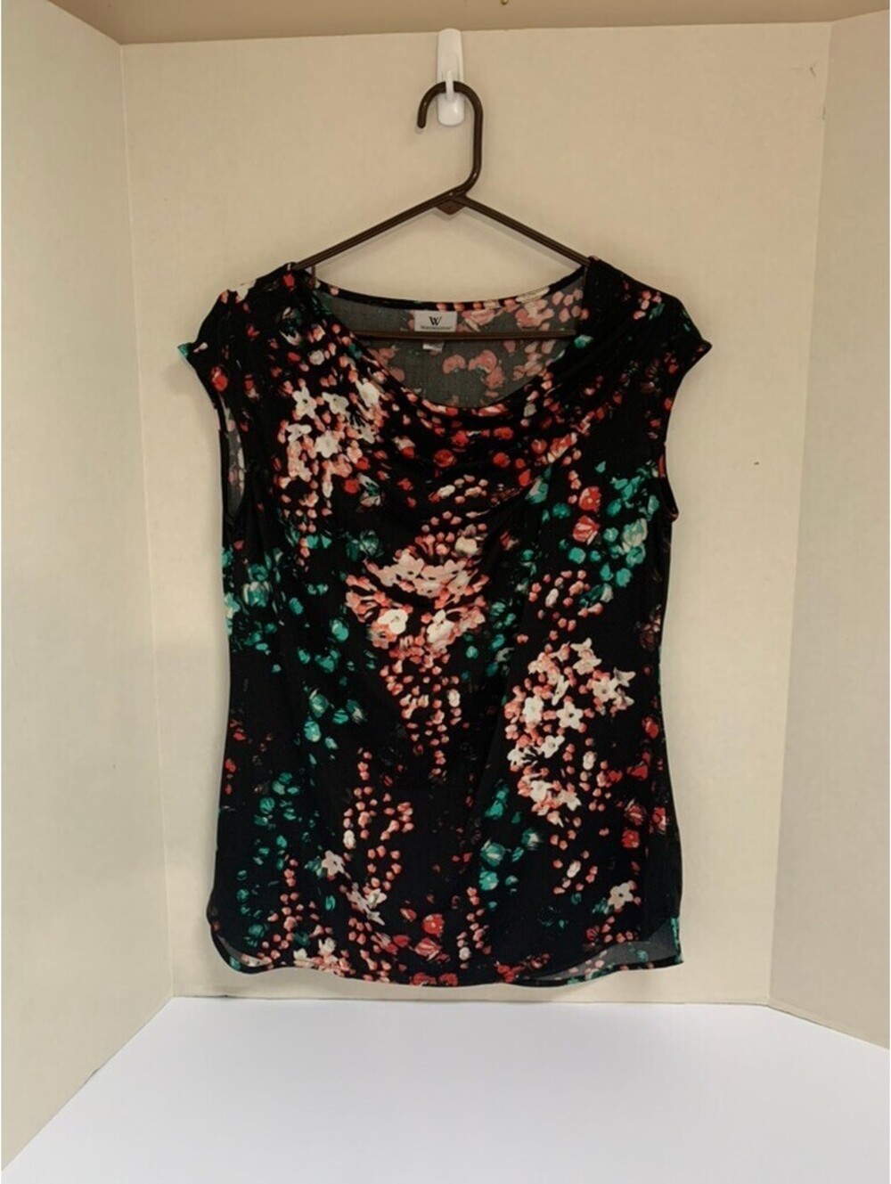 Worthington Cowl Neck Black with Multi Colored Floral Print Top Size Large